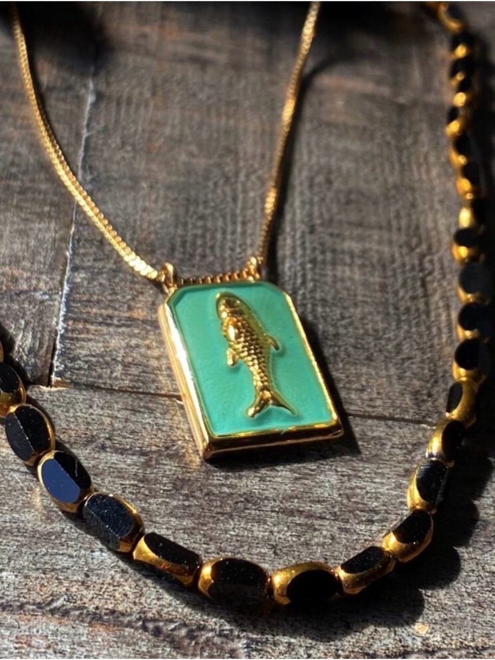New Free People Gold Koi Pendant and Black Glass Beaded Necklace Set